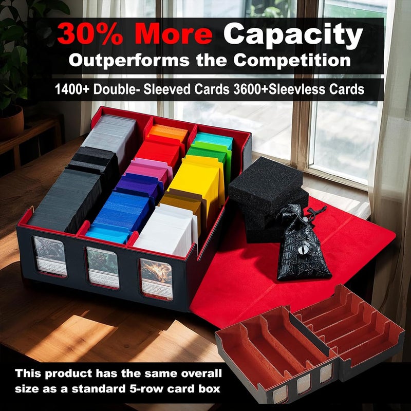 Scimi Extra Large Card Storage Box Holds 3600+ Cards Compatible with 12 Small Deck Boxes, Includes Cthulhu Dice Bag, 10 Colorful Dividers, 4 Protective Foam Pads, Perfect for MTG （Black/Red） - Image 4